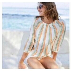 Boden Katie Top Linen Striped 3/4 Sleeve Button Back Blouse White Multi US 10